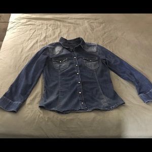 A denim button down shirt.